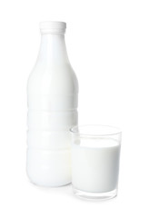 Bottle and glass of fresh milk on white background
