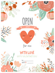 Valentines day greeting card with calligraphy and beautifull flowers. Illustration with love. Vector 3x4 card for Valentine's day, wedding, marriage, save the date, bridal