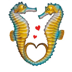 hippocampe  , illustration, saint Valentin,  dessin animé, mer, aimer, isolé, amour, animal, cœur, ailes, conception, eau, art, blanc, océan, jouet, symbole, 3-d, coloré,  nature, bleu, vert, sous-mar