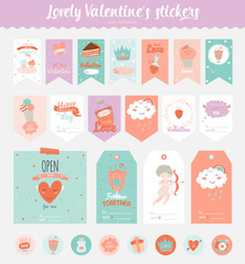 Collection of Valentines day gift tags, stickers and labels templates and modern lovely holidays elements with handwritten calligraphy. Hand drawn design elements
