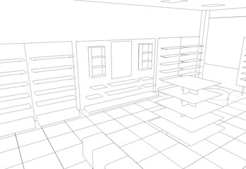 shop, mall, shopping mall, contour visualization, 3D illustration, sketch, outline