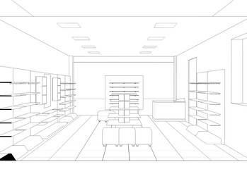 shop, mall, shopping mall, contour visualization, 3D illustration, sketch, outline