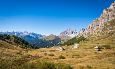 Beautiful mountain landscape around the Pass Pordoi. Dolomites, Trentino Alto Adige, northern Italy.