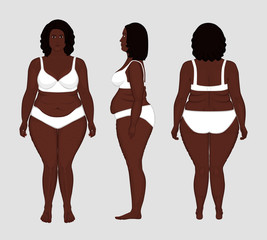 Vector illustration. Different views of naked African American woman in full growth in underwear. Advertising of cosmetic procedures, stomach shunting, bypass, diet, medical publications