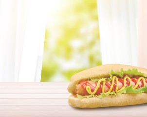 Barbecue Grilled Hot Dog with Yellow Mustard on white background