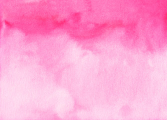 Bright pink watercolor background texture. Gradient pink aquarelle stains on paper. Watercolor hand painting romantic backdrop. Vintage abstraction. Rose watery background for cards, invitations