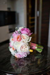wedding bouquet of the bride, white and pink peonies