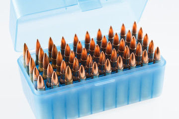 Hunting cartridges in a plastic box. Bullet storage box.