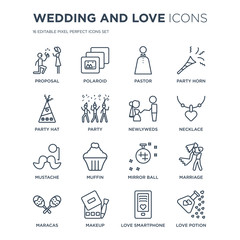 16 linear Wedding and love icons such as Proposal, Polaroid, Makeup, Maracas, Marriage, Love Potion, Party hat modern with thin stroke, vector illustration, eps10, trendy line icon set.