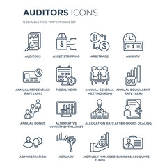 16 linear Auditors icons such as Auditors, Asset stripping, Actuary, Administration, After-hours dealing modern with thin stroke, vector illustration, eps10, trendy line icon set.