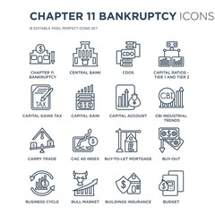 16 linear Chapter 11 bankruptcy icons such as bankruptcy, Central bank, Bull market, Business cycle, Buy-out modern with thin stroke, vector illustration, eps10, trendy line icon set.