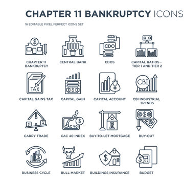 16 linear Chapter 11 bankruptcy icons such as bankruptcy, Central bank, Bull market, Business cycle, Buy-out modern with thin stroke, vector illustration, eps10, trendy line icon set.