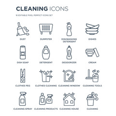 16 linear Cleaning icons such as Dust, Dumpster, products, spray, tools, Cleaning, Dish soap modern with thin stroke, vector illustration, eps10, trendy line icon set.