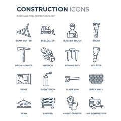 16 linear Construction icons such as Bump cutter, Bulldozer, Barrier, Beam, Birck Wall, Air compressor, Brick hammer modern with thin stroke, vector illustration, eps10, trendy line icon set.