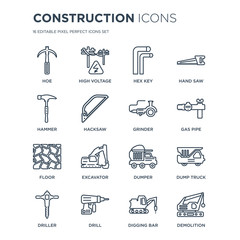 16 linear Construction icons such as Hoe, High voltage, Drill, Driller, Dump truck, Demolition, Hammer, Floor, Grinder modern with thin stroke, vector illustration, eps10, trendy line icon set.