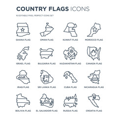 16 linear Country Flags icons such as Ghana flag, Oman El Salvador Bolivia Nicaragua flag modern with thin stroke, vector illustration, eps10, trendy line icon set.