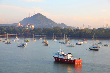 Fototapeta premium Boats anchored along the Coastline of Panama.