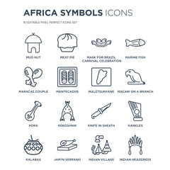 Fototapeta premium 16 linear Africa Symbols icons such as Mud hut, Meat pie, Jam?n Serrano, Kalabas, Kankles, Indian Headdress modern with thin stroke, vector illustration, eps10, trendy line icon set.