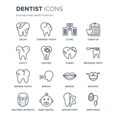 16 linear Dentist icons such as Decay, Damaged tooth, Baby dental, Bacteria in mouth, Bicuspid, Anesthesia, Cavity modern with thin stroke, vector illustration, eps10, trendy line icon set.