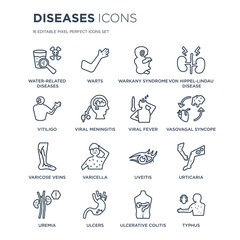 16 linear Diseases icons such as Water-related Diseases, Warts, Ulcers, Uremia, Urticaria, Typhus, Vitiligo modern with thin stroke, vector illustration, eps10, trendy line icon set.