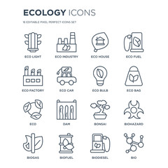 16 linear Ecology icons such as Eco light, eco Industry, Biofuel, Biogas, Biohazard, Bio, Factory, Eco, bulb modern with thin stroke, vector illustration, eps10, trendy line icon set.