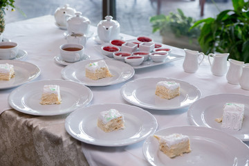 Desserts on the table in the restaurant 