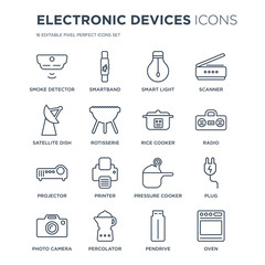16 linear Electronic devices icons such as smoke detector, Smartband, percolator, Photo camera, Plug, Oven modern with thin stroke, vector illustration, eps10, trendy line icon set.