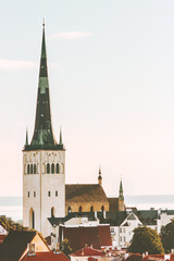 Tallinn Old Town view St Olav's Church (Oleviste kirik) religion landmarks in Estonia cityscape traditional architecture