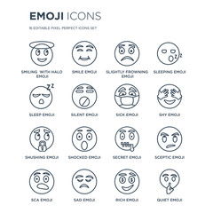 16 linear Emoji icons such as Smiling  With Halo emoji, Smile Sad Sca Sceptic Quiet emoji modern with thin stroke, vector illustration, eps10, trendy line icon set.