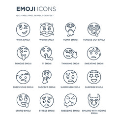 16 linear Emoji icons such as Wink emoji, Weird Stress Stupid Surprise emoji modern with thin stroke, vector illustration, eps10, trendy line icon set.