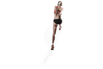 The one caucasian female silhouette of runner running and jumping on white studio background. The sprinter, jogger, exercise, workout, fitness, training, jogging concept. Back view