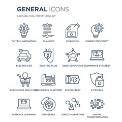 16 linear general icons such as fintech innovation, filament, disk brake, distance learning, e-privacy modern with thin stroke, vector illustration, eps10, trendy line icon set.