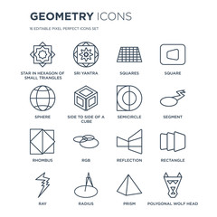 16 linear Geometry icons such as Star in hexagon of small triangles, Sri yantra, Radius, Ray, Rectangle modern with thin stroke, vector illustration, eps10, trendy line icon set.
