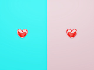 Red hearts shining and centered over blue and pink backgrounds,  Saint Valentine, Mothers day, Wedding and other celebration concepts.