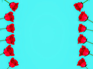 Red roses aligned in left and right side forming a frame with copyspace for text message over a blue flatlay background.  Saint Valentine, Mothers day, Wedding and other celebration concepts.