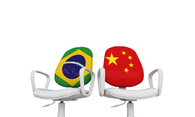 Brazil and China business chairs. International relationship concept. 3D Rendering