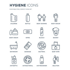 16 linear Hygiene icons such as Chlorine, Bottle, antibacterial, Antiseptic, baby wipe, ablution, body Cream modern with thin stroke, vector illustration, eps10, trendy line icon set.