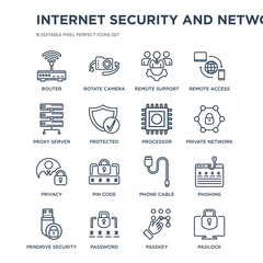 16 linear Internet Security and Networking icons such as Router, Rotate camera, Password, Pendrive security, Phishing modern with thin stroke, vector illustration, eps10, trendy line icon set.