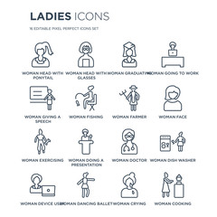 16 linear Ladies icons such as Woman Head with Ponytail, Glasses, Dancing Ballet modern thin stroke, vector illustration, eps10, trendy line icon set.