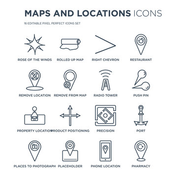 16 linear Maps and Locations icons such as Rose of the Winds, Rolled Up Map, Placeholder, Places to photograph, Port modern with thin stroke, vector illustration, eps10, trendy line icon set.