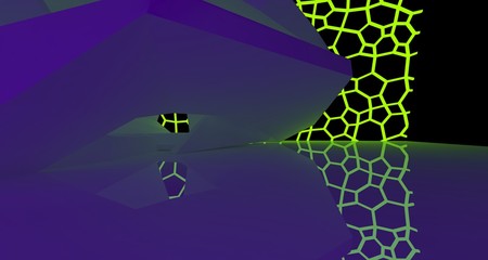 Abstract  white Futuristic Sci-Fi interior With Violet And Green Glowing Neon Tubes . 3D illustration and rendering.