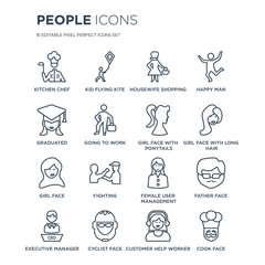 Fototapeta premium 16 linear People icons such as Kitchen chef, kid flying kite, Cyclist face, Executive Manager, Father Cook face modern with thin stroke, vector illustration, eps10, trendy line icon set.