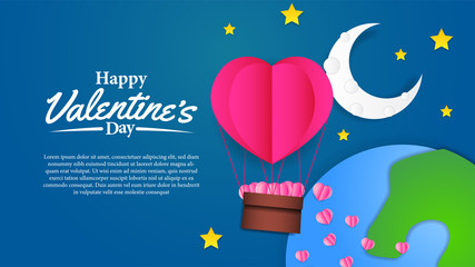 Illustration of love for valentine's day event banner template. flying hearth balloon on the space. paper cut craft.