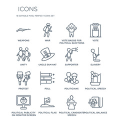 16 linear  icons such as Weapons, War, political Flag, Political publicity on monitor screen, Speech modern with thin stroke, vector illustration, eps10, trendy line icon set.