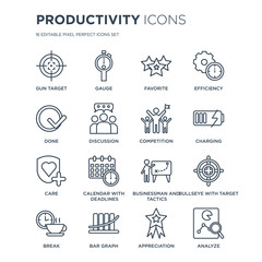 16 linear Productivity icons such as Gun target, Gauge, Bar Graph, Break, Bullseye with Analyze, Done modern thin stroke, vector illustration, eps10, trendy line icon set.