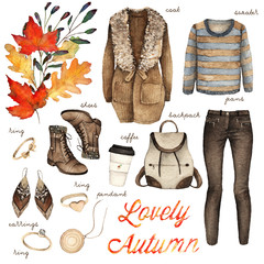 Watercolor Fashion Illustration. set of trendy accessories. Lovely Autumn, coat, sweater, backpack, coffee, shoes,ring,pendant,earrings, jeans