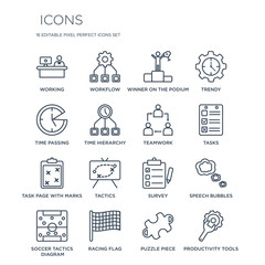 16 linear  icons such as Working, Workflow, Racing flag, Soccer tactics diagram, Speech bubbles, productivity Tools modern with thin stroke, vector illustration, eps10, trendy line icon set.