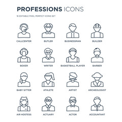 Fototapeta premium 16 linear Professions icons such as Callcenter, Butler, Actuary, Air hostess, Archeologist, Accountant, Boxer modern with thin stroke, vector illustration, eps10, trendy line icon set.