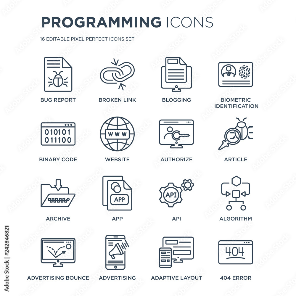 Poster 16 linear programming icons such as bug report, broken link, advertising, advertising bounce, algori