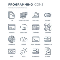16 linear Programming icons such as Css, Cross-platform, Click, Code, Code review, C sharp, Console, Cogwheel, Compiler modern with thin stroke, vector illustration, eps10, trendy line icon set.